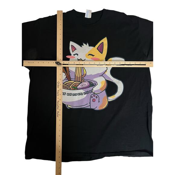Cat Eating Ramen Graphic Tee - Cute Food Anime Style - 2XL Black T-Shirt - Picture 9 of 11